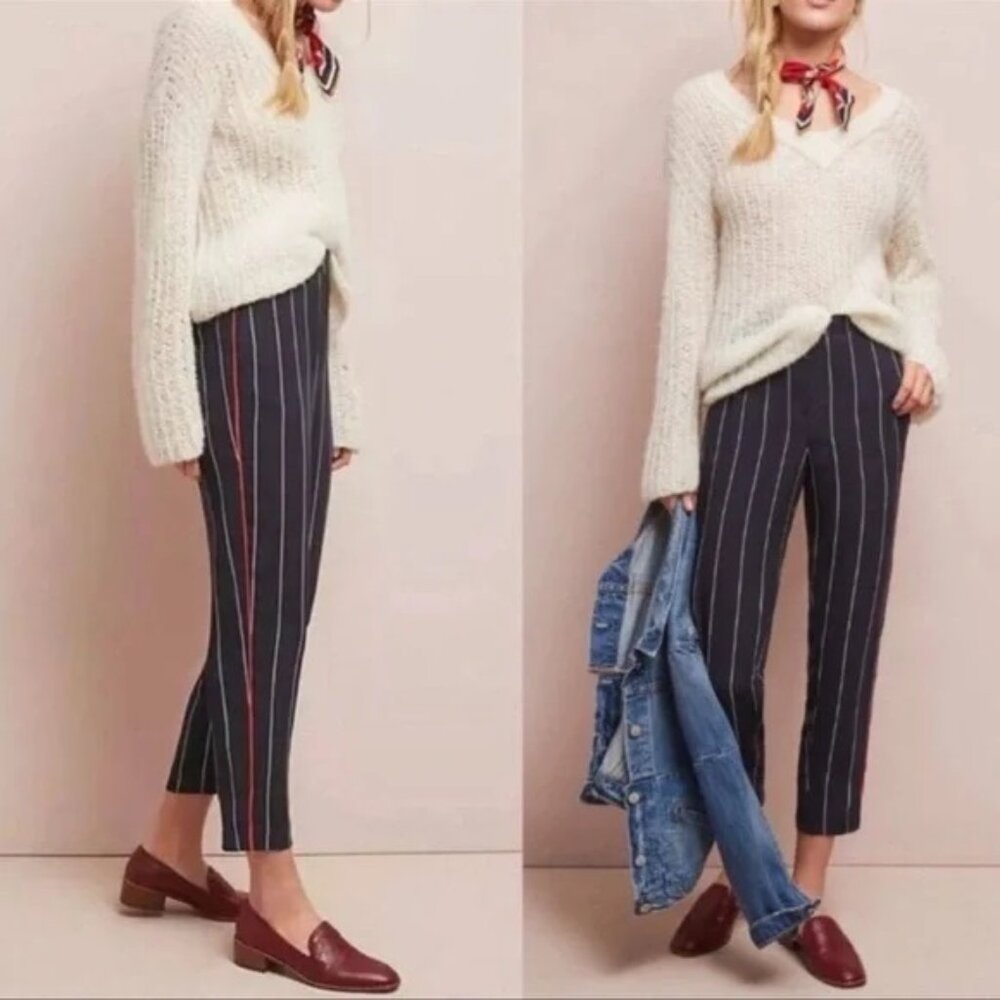 Anthropologie ett:twa ~ new~ Dark Navy Striped Cropped Pants -Red Tuxedo Stripes